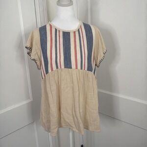 THML Top Womens Large Cotton Babydoll Peasant Blouse Boho Short Sleeve Shirt